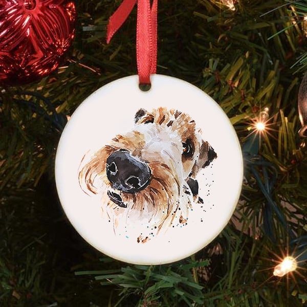 Airedale Terrier Ceramic Circle Tree Decoration.Airedale Terrier Xmas Tree Decor