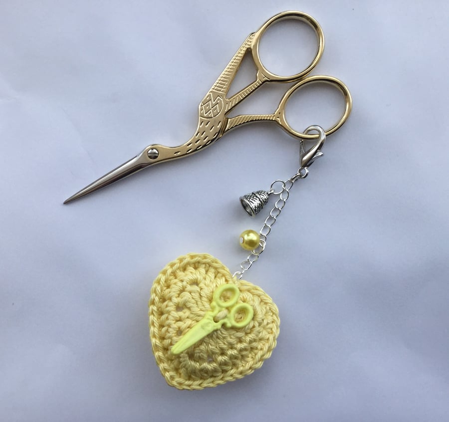 Scissor Keeper Fob with a Crochet Heart in Yellow