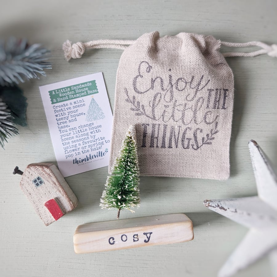 Little Wooden Handmade House in a Bag with Christmas Tree Cosy