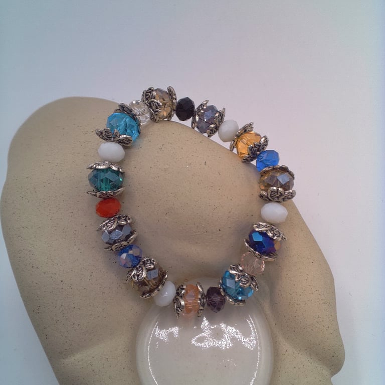 Multi Coloured Crystal Stretch Bracelet with Silver Plated Bead Caps, Bracelet