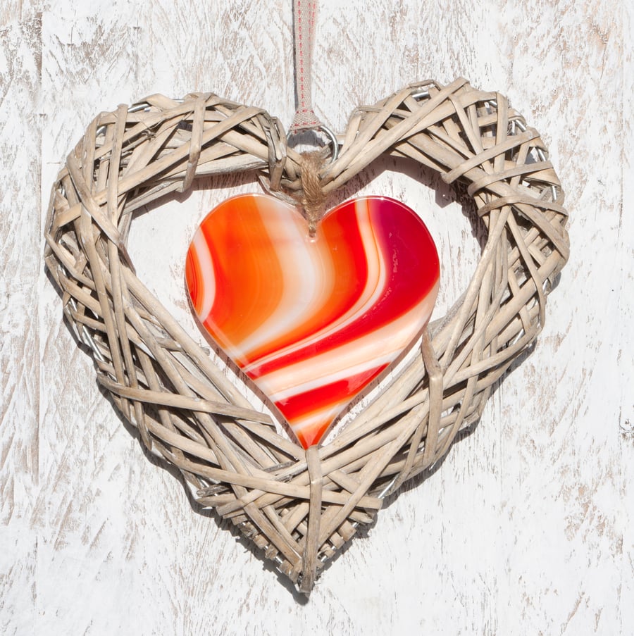 Large Wicker & Glass Hanging Heart - Red & Orange
