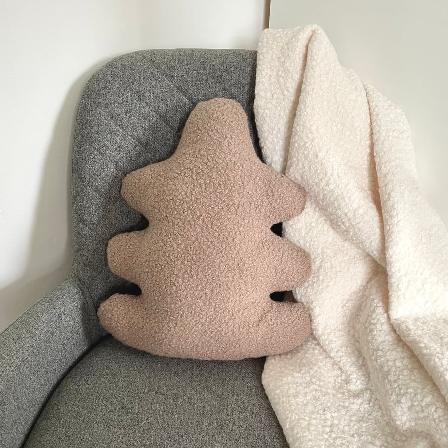 Oak Leaf Throw Pillow Taupe Brown Bouclé Autumn Cushion Handmade Fall Decor