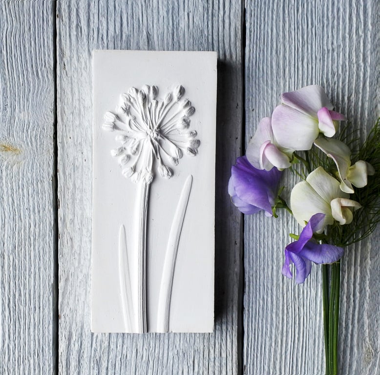 Mini Allium Plaster Cast Plaque, Mounted On Wood, botanical art, flower tile, na