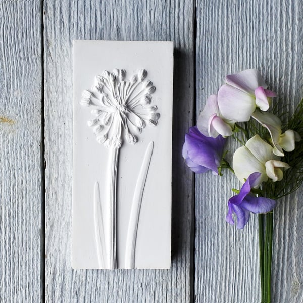 Mini Allium Plaster Cast Plaque, Mounted On Wood, botanical art, flower tile, na
