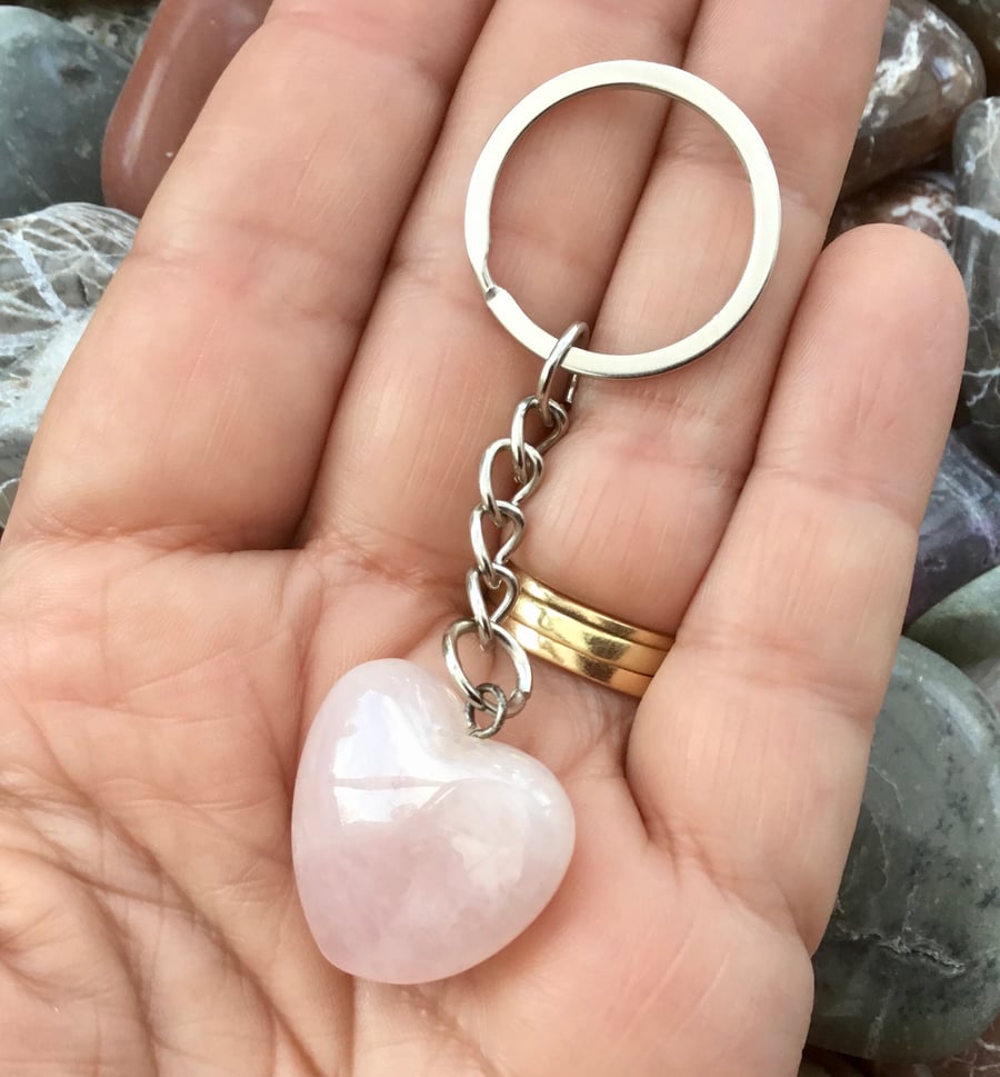 Sweetheart!  Puffed Heart Rose Quartz Gemstone Keyring Or Handbag Charm.