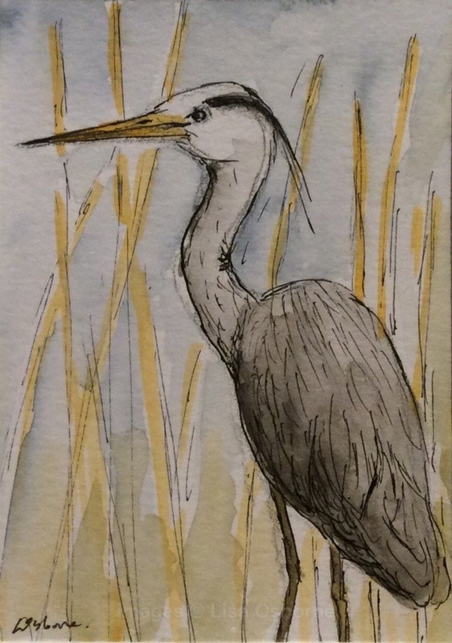 Heron - original pen, ink and watercolour. Bird. Wildlife. ACEO