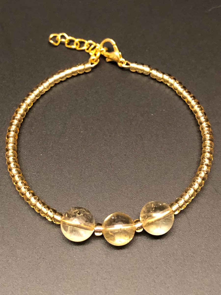 Citrine Rounds And Seed Bead Memory Wire Bracelet 