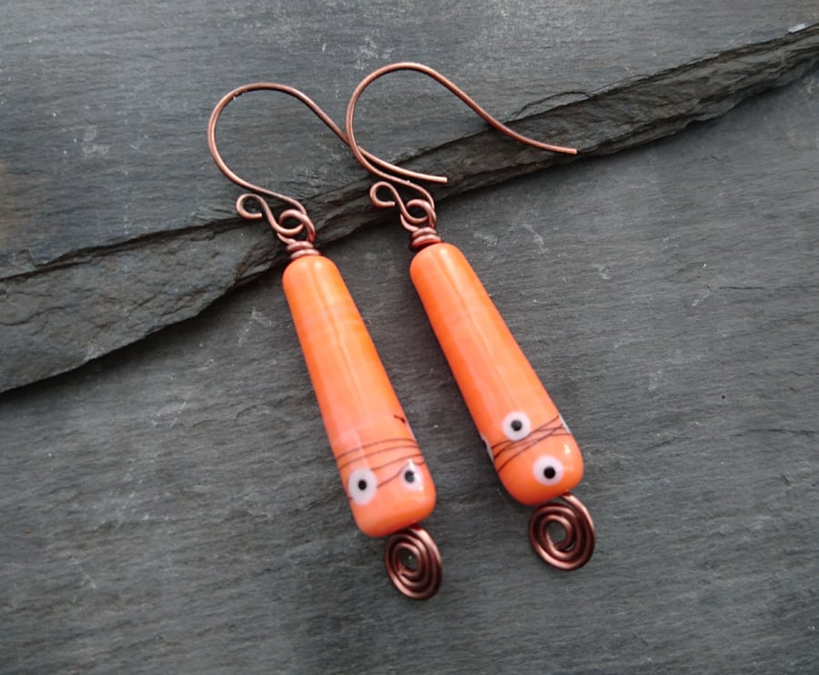 SALE Orange earrings with copper swirl and handmade ear wires, lamp work beads