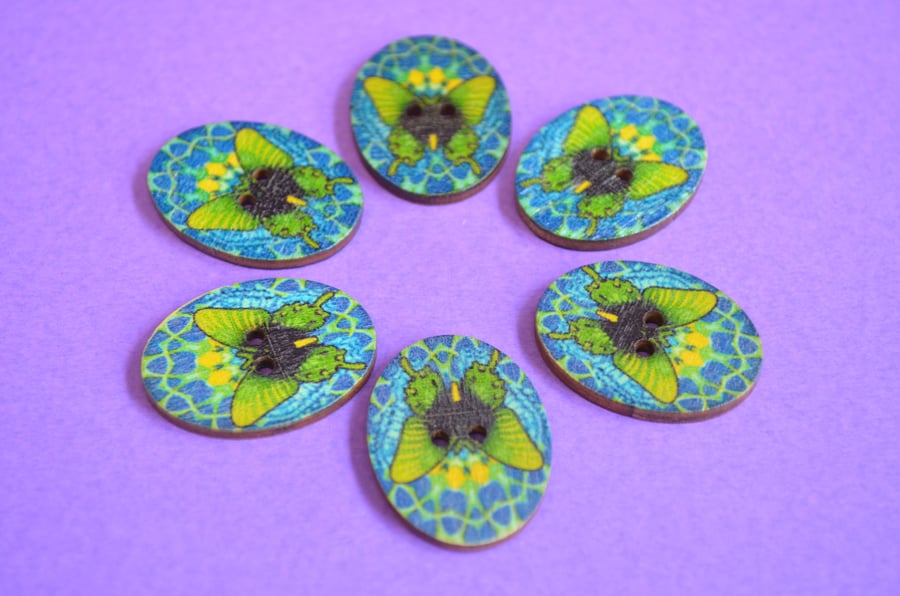 Wooden Oval Butterfly Buttons Colourful Kaleidoscope Blue Green 6pk 30x22mm (OB3