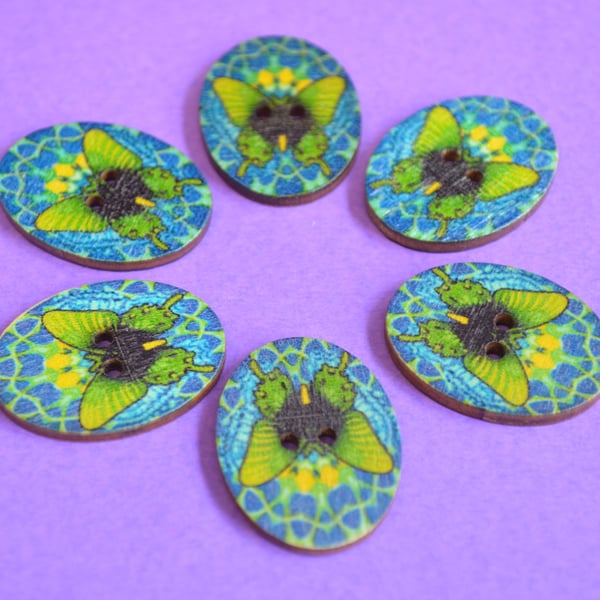 Wooden Oval Butterfly Buttons Colourful Kaleidoscope Blue Green 6pk 30x22mm (OB3