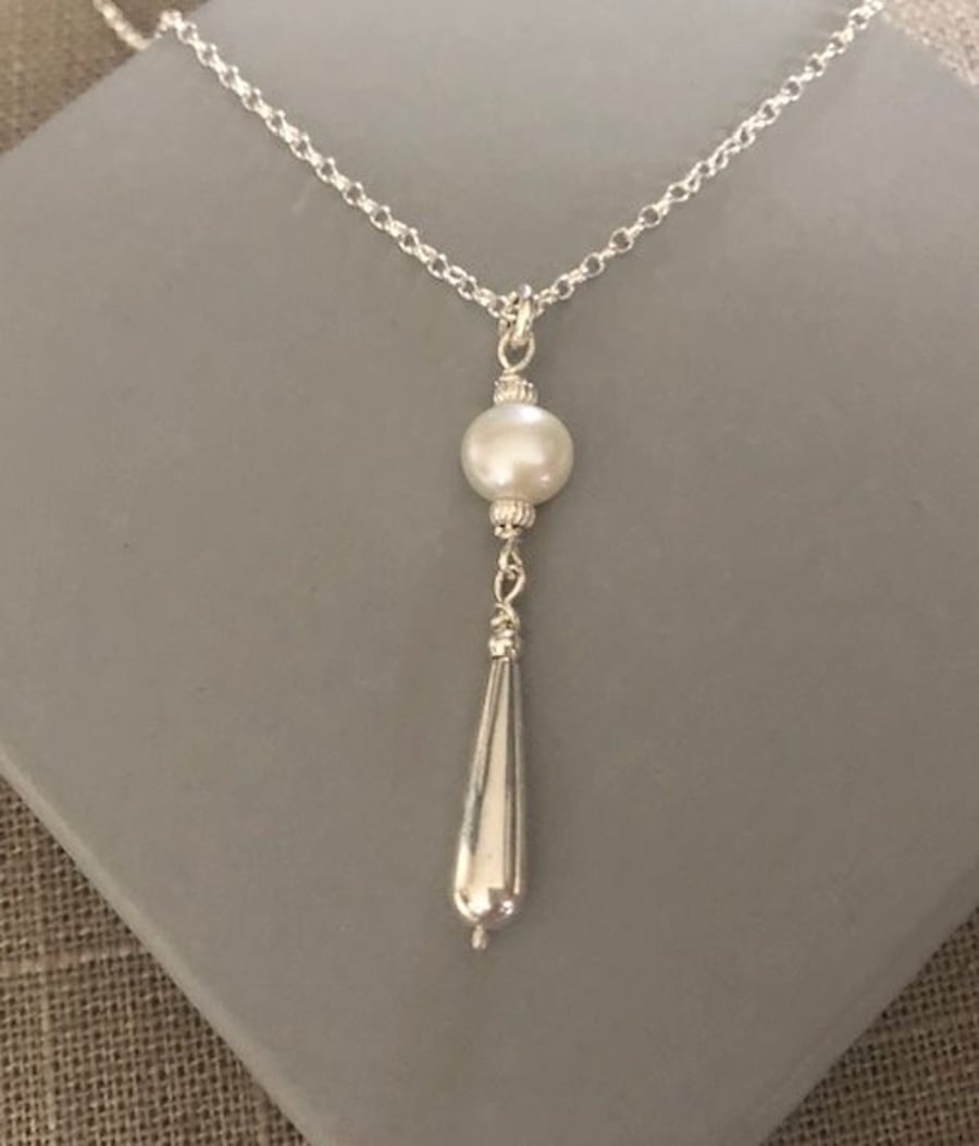 White Pearl Sterling Silver Teardrop Necklace