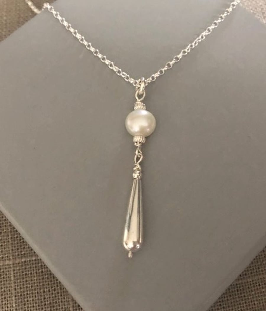 White Pearl Sterling Silver Teardrop Necklace