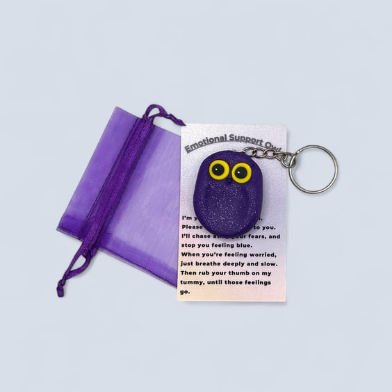Glitter Purple Worry Stone Owl Keychain - Emotional Support Owl Fidget Stone