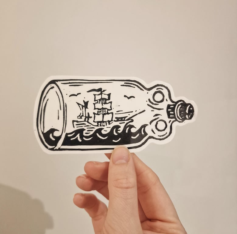 Ship in a Bottle Hand Printed Sticker Decal