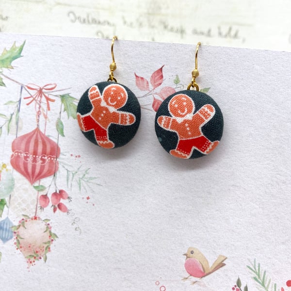 Gingerbread fabric button earrings festive jewellery