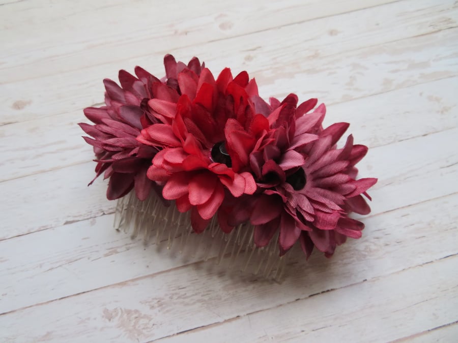 Plum Pink & Black Daisy Flower Hair Comb Retro Rockabilly Vintage Wedding 