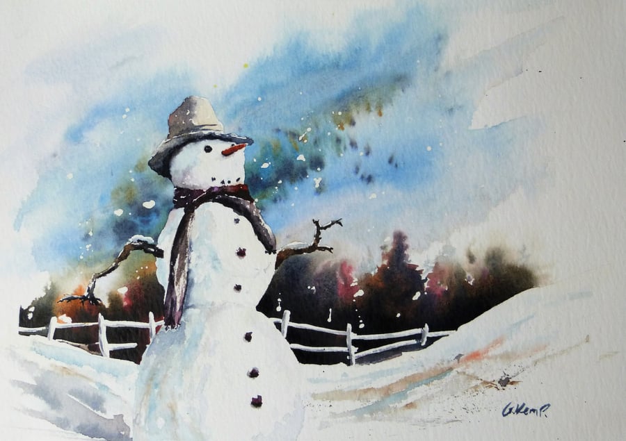 Snowman, Original Watercolour Painting.