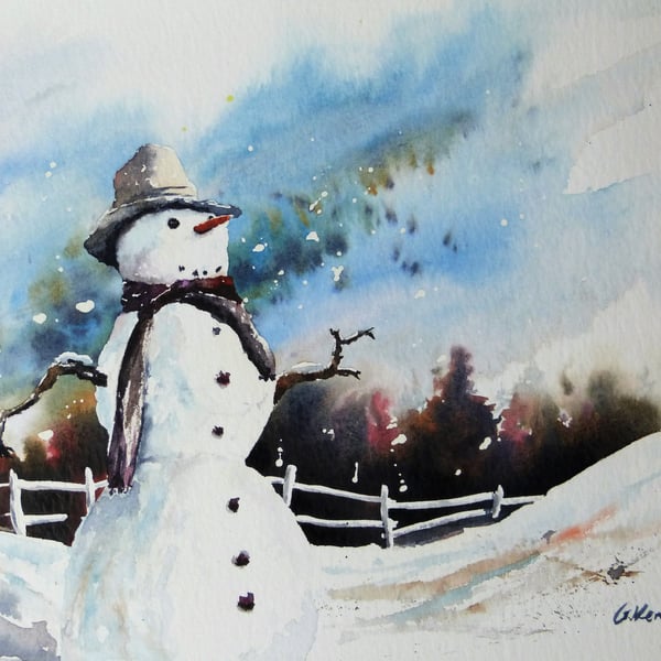 Snowman, Original Watercolour Painting.