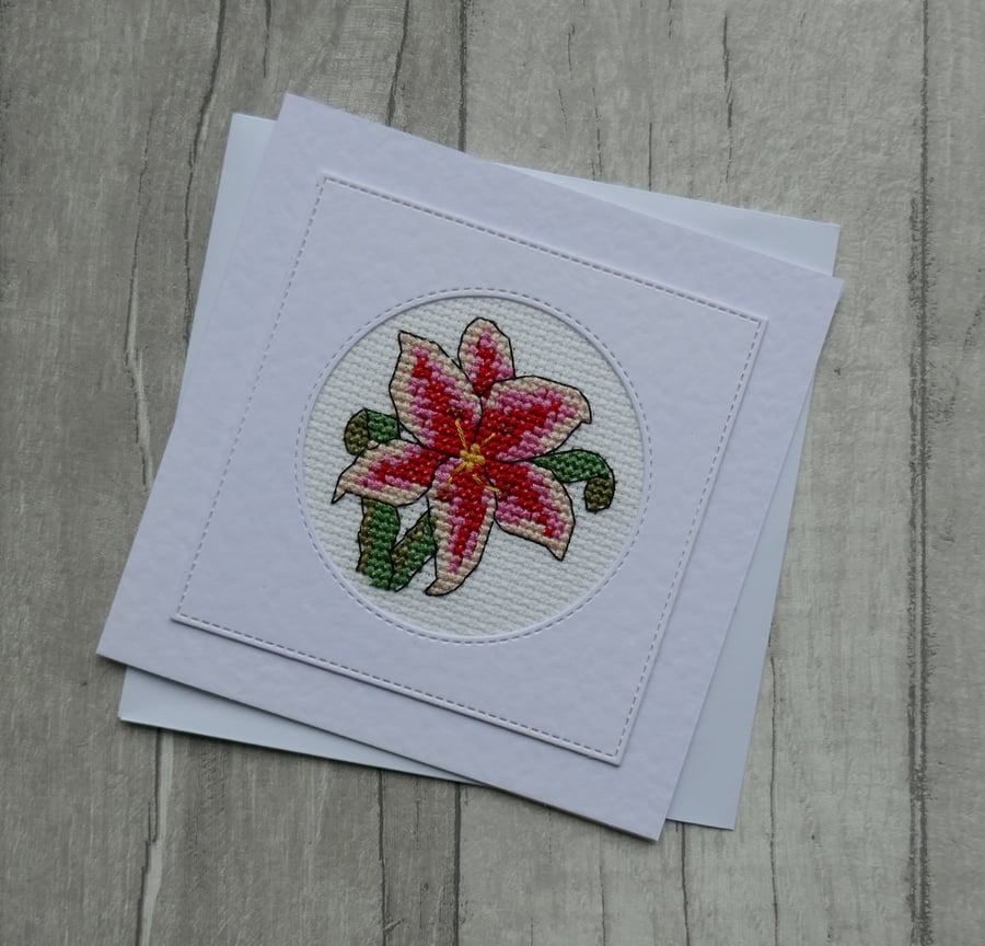 Cross Stitch Lily - Blank Greetings Card
