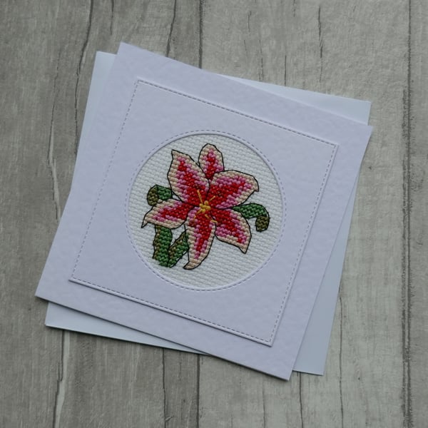 Cross Stitch Lily - Blank Greetings Card