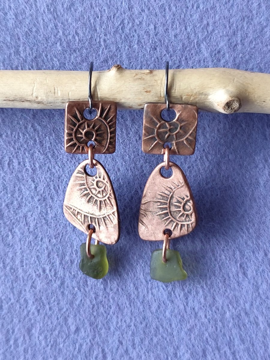 Copper and seaglass double drop earrings, unique earrings, recycled material