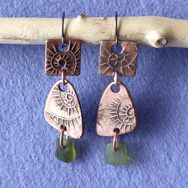 Copper and seaglass double drop earrings, unique earrings, recycled material