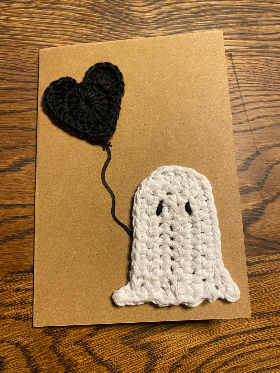 Handmade crochet ghost and heart A6 greeting card