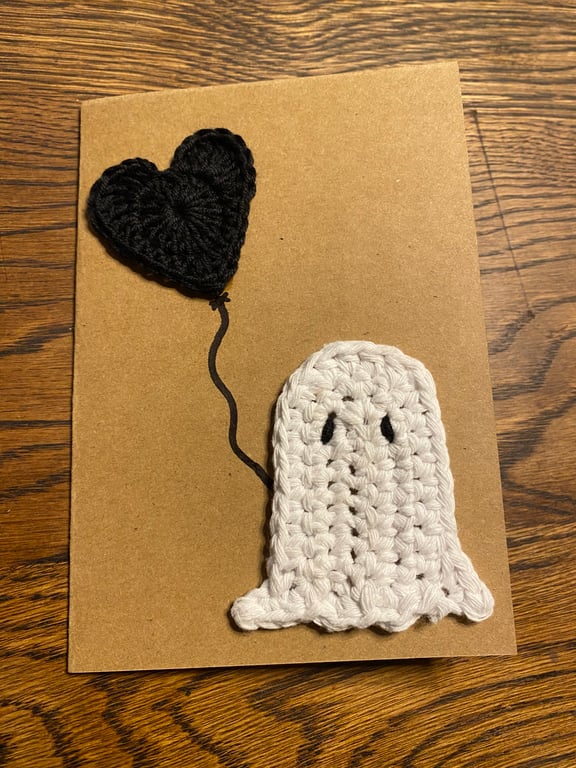 Handmade crochet ghost and heart A6 greeting card