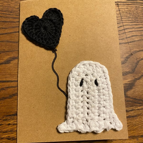 Handmade crochet ghost and heart A6 greeting card