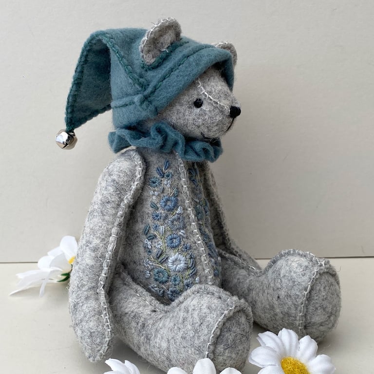 Hand embroidered woodland elf teddy bear, collectable artist bear