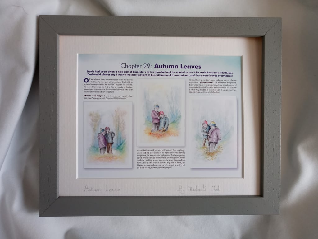 Watercolour print of children playing in autumn leaves in a sussex wood