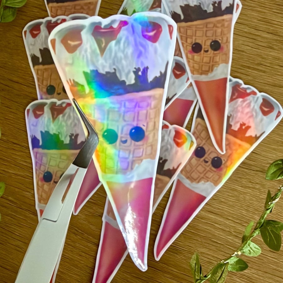 Holographic Ice Cream Cone - Cute Retro Waffle Lolly Vinyl Sticker