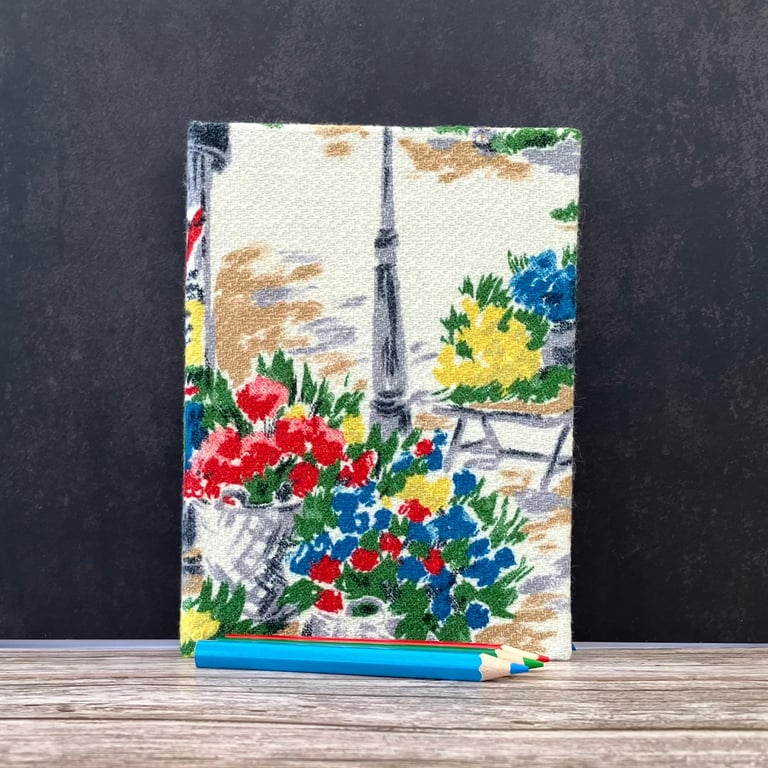 Handbound A6 1940's Vintage Barkcloth Sketchbook, Journal, Paris, Spring, Blue