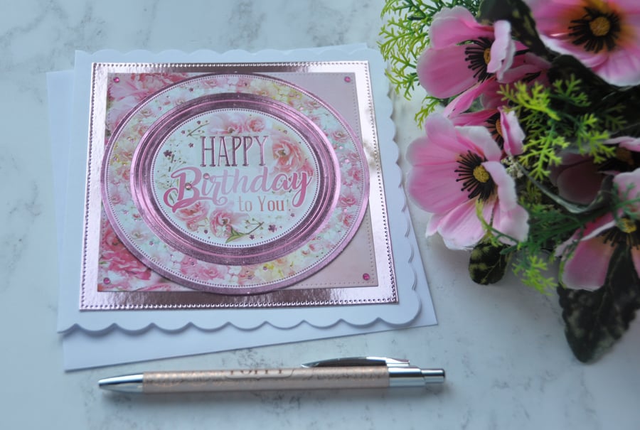Birthday Card Happy Birthday To You Pink Lilac Flowers 3D Luxury Handmade