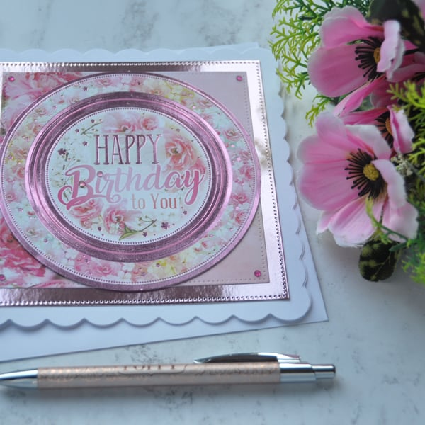 Birthday Card Happy Birthday To You Pink Lilac Flowers 3D Luxury Handmade