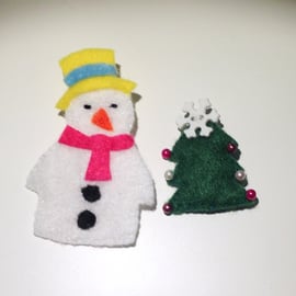 Beautiful Bundle of Felt Snowman and Festive Tree Brooch Set - UK Free Post