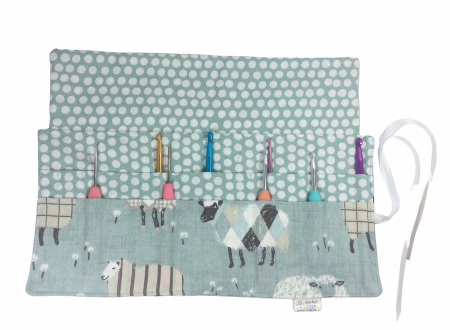Crochet hook case with blue sheep, ergonomic hook organiser, roll up case, Sheep