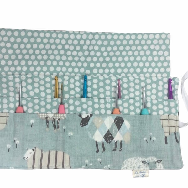 Crochet hook case with blue sheep, ergonomic hook organiser, roll up case, Sheep