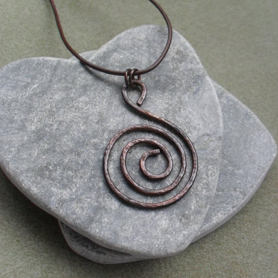 Oxidised spiral Copper Pendant With Leather Cord and Sterling Silver