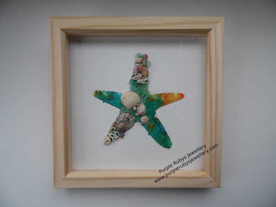 Turquoise Orange Tie-Dye Cornish Starfish Sea Glass, Sea Shell Picture P191