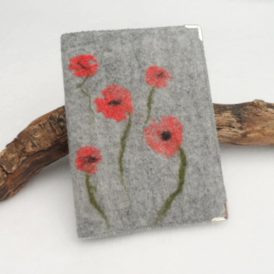 Grey felted removable notebook cover with A6 notebook with red silk poppy design