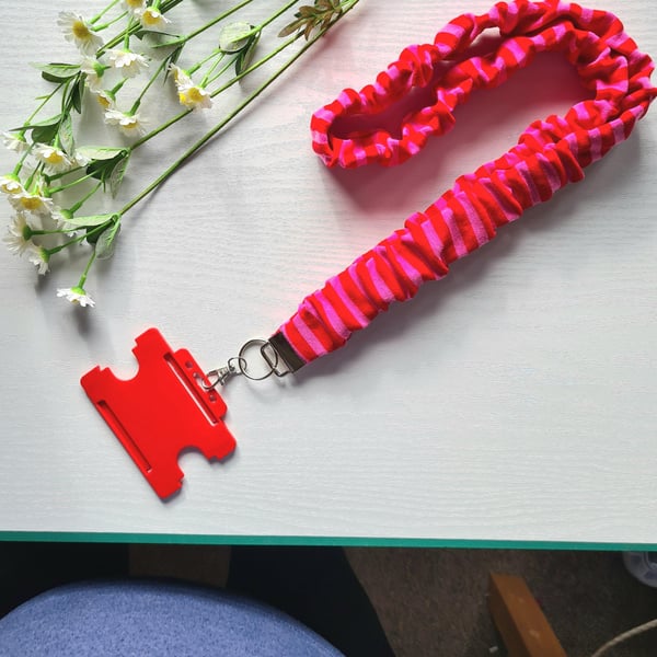 Handmade Scrunchie Lanyard Red & Pink Soft Cotton ID Badge Holder