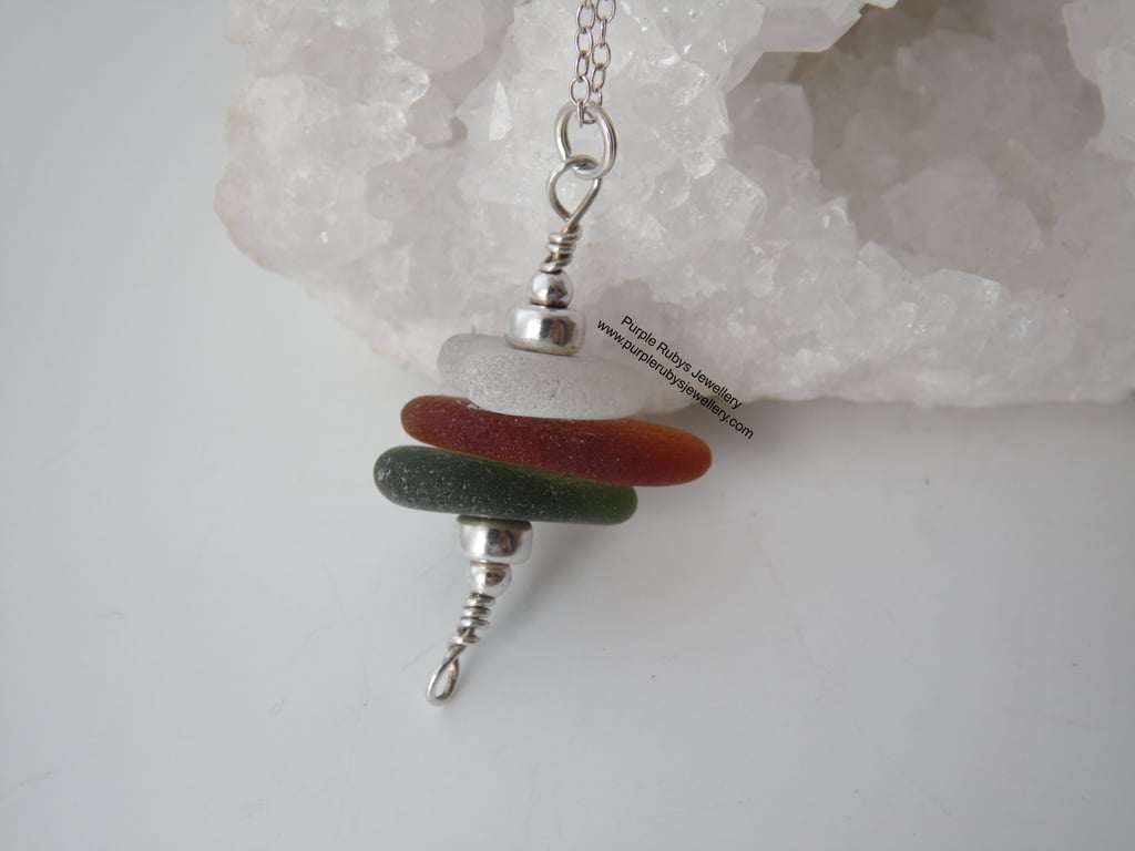 White, Amber & Olive Cornish Sea Glass Stack, Sterling Silver N203