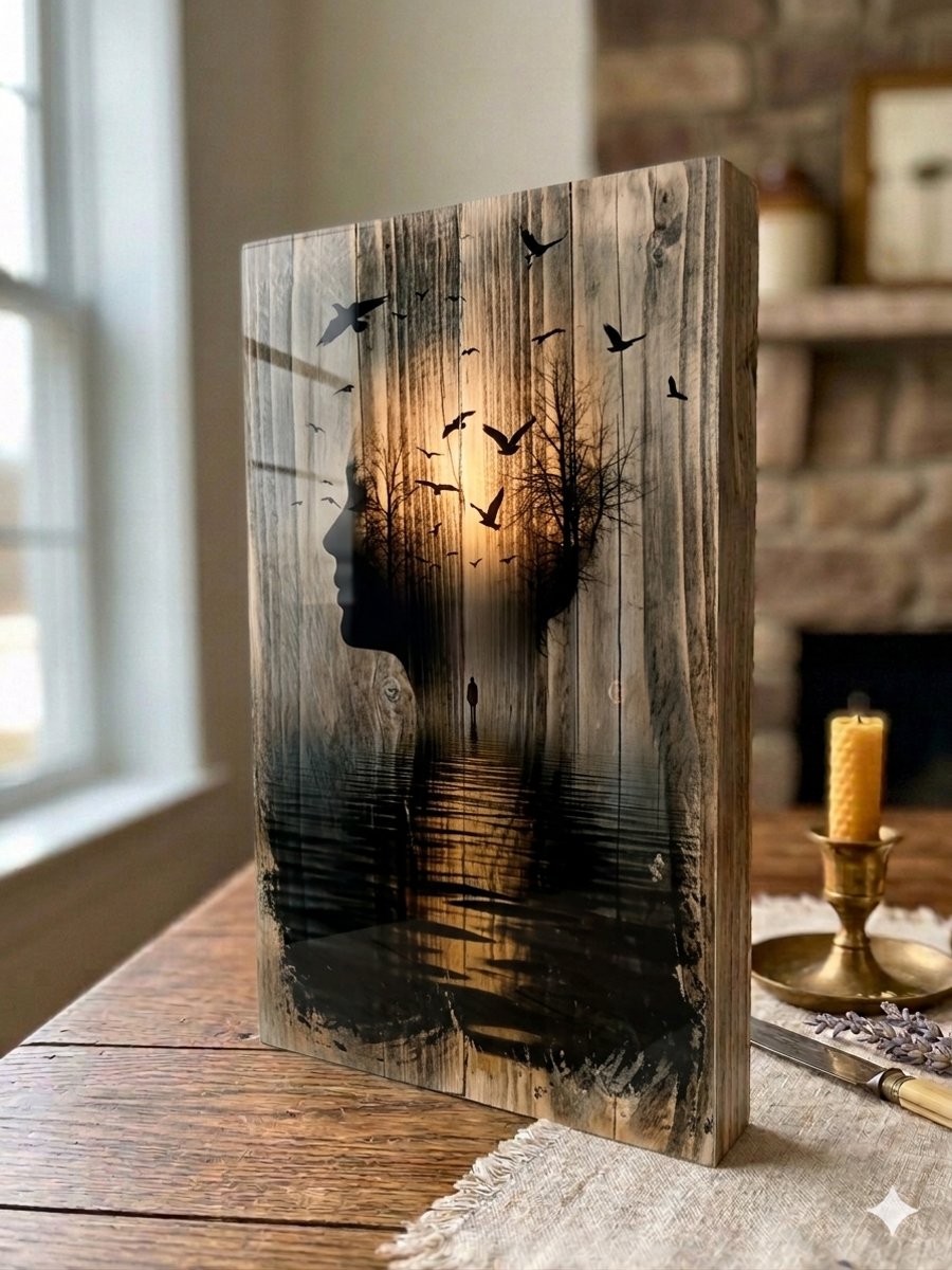 Forest Silhouette, Double Exposure Wood Art, Sunset Sign, Photo Transfer Art