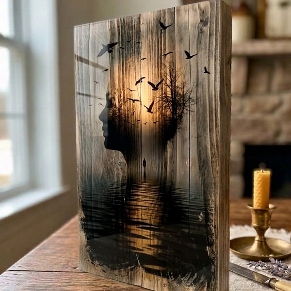 Forest Silhouette, Double Exposure Wood Art, Sunset Sign, Photo Transfer Art