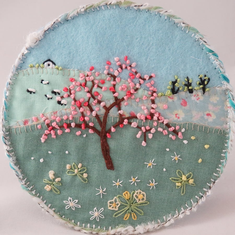 Spring Blossom Plaque - embroidered landscpae scene