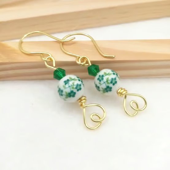 Ceramic Floral Earrings, Emerald Green & Plum Red Dangles, Gift for Her