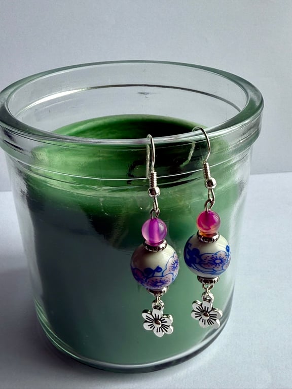 Porcelain and Pink Agate Flower Drop Earrings, Ceramic Earrings