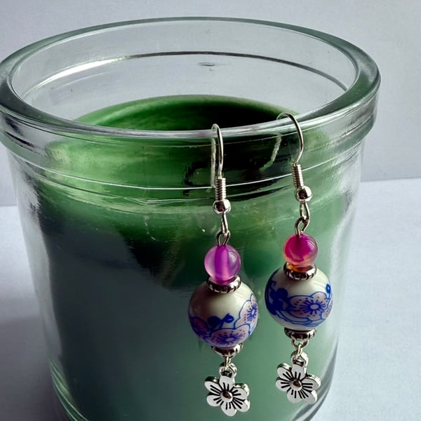 Porcelain and Pink Agate Flower Drop Earrings, Ceramic Earrings