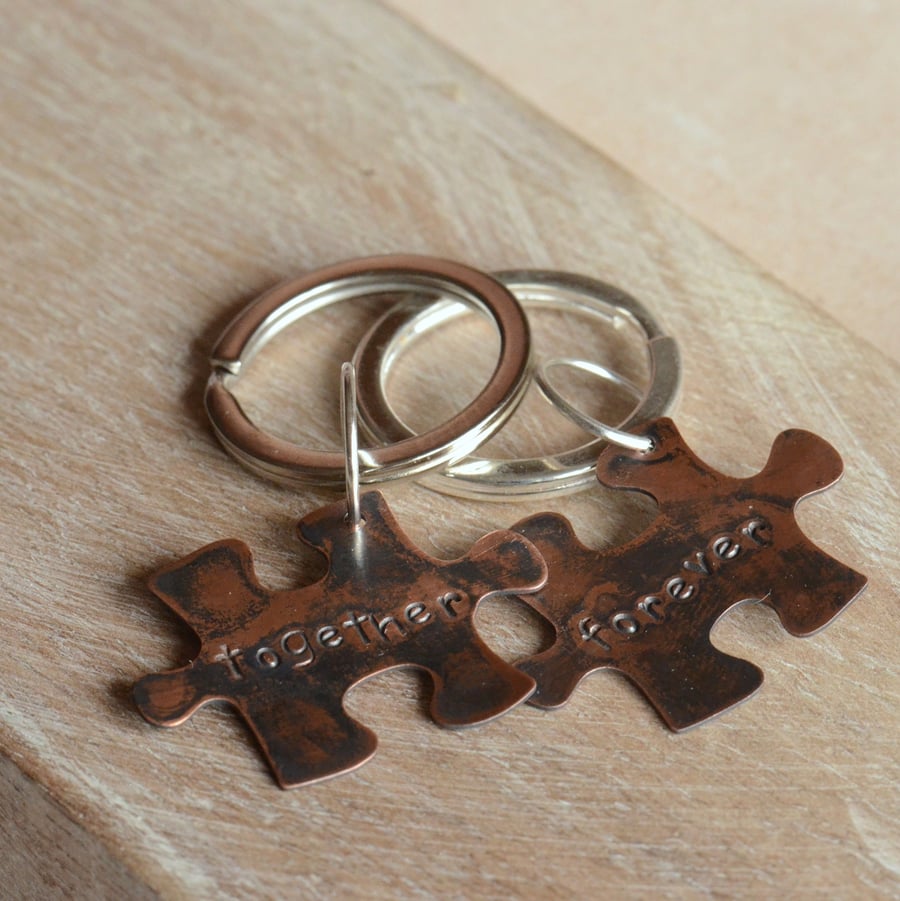 Together Forever Hand Stamped Copper Jigsaw Piece Keyring Set